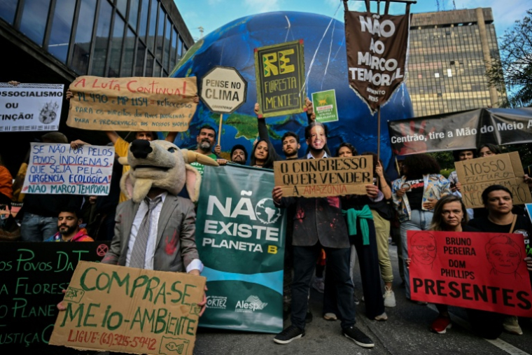 Manifestation contre une proposition qui compromettrait la protections des terres ancestrales autochtones, à São Paulo, le 18 décembre 2023 ( AFP / NELSON ALMEIDA )