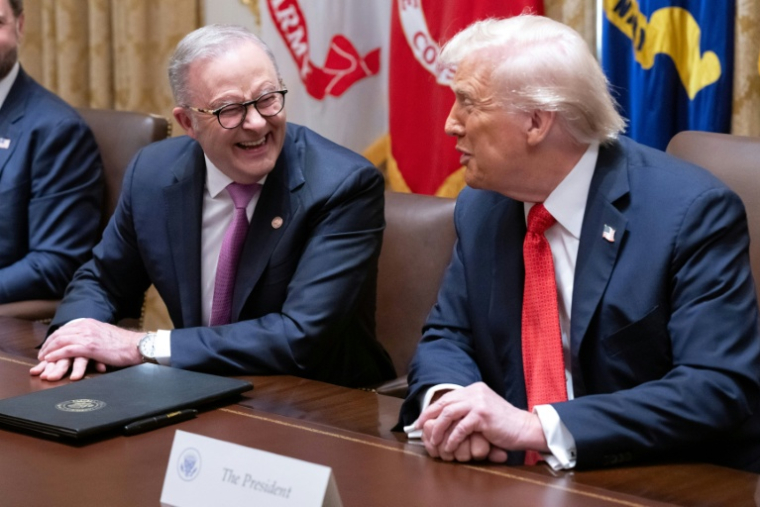 Le président américain Donald Trump (à droite) s'entretient avec le Premier ministre australien Anthony Albanese dans la salle du Conseil des ministres à la Maison Blanche, à Washington, le 20 octobre 2025. ( AFP / SAUL LOEB )