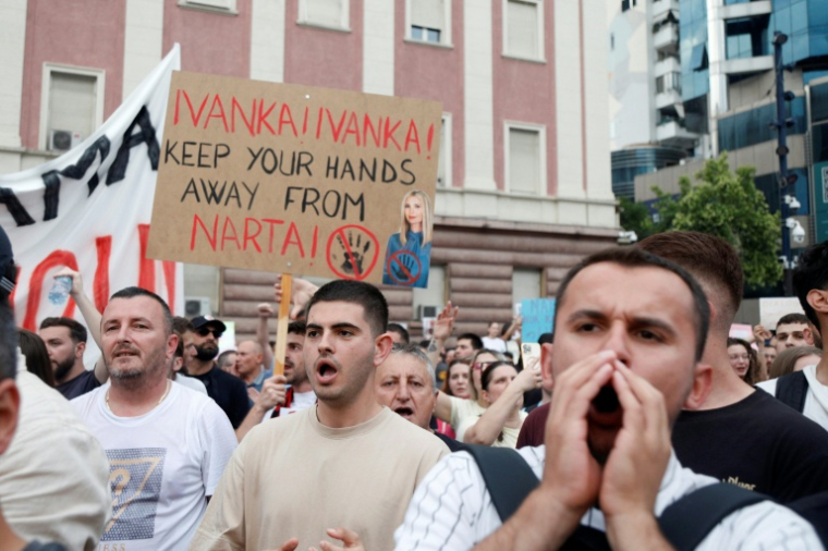 Des manifestants à Tirana contre la construction d'un complexe hôtelier de luxe dans une zone naturelle protégée, le 3 juin 2026 ( AFP / STRINGER )