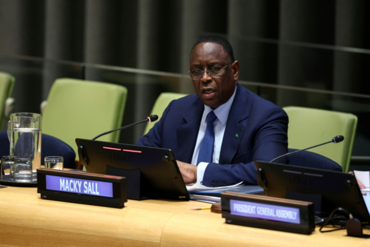 L'ancien président sénégalais Macky Sall lors d'une audition au siège de l'ONU pour le poste de secrétaire général, le 22 avril 2026 à New York ( AFP / CHARLY TRIBALLEAU )