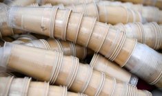 Gobelets en plastique sur le site de recyclage de Bourg-Blanc (Finistère), le 29 mai 2018 ( AFP / Fred TANNEAU )