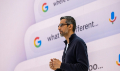 Le patron de Google Sundar Pichai s'adresse au public lors de la conférence annuelle du groupe pour les développeurs à Mountain View, en Californie, le 20 mai 2025. ( AFP / Camille Cohen )