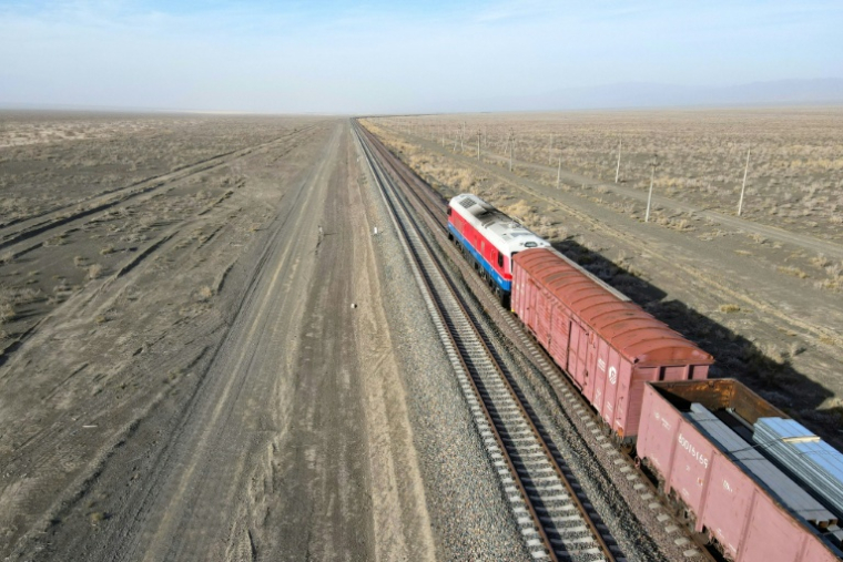 Un train de marchandises circule dans la steppe près de la gare de Dostyk, à la frontière kazakho-chinoise, le 19 novembre 2025 ( AFP / Ruslan PRYANIKOV )
