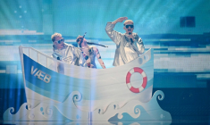 Le duo islandais Vaeb, au Concours de l'Eurovision à Bâle en Suisse, le 13 mai 2025 ( AFP / SEBASTIEN BOZON )
