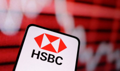 L'illustration montre le logo de la banque HSBC et un graphique boursier décroissant