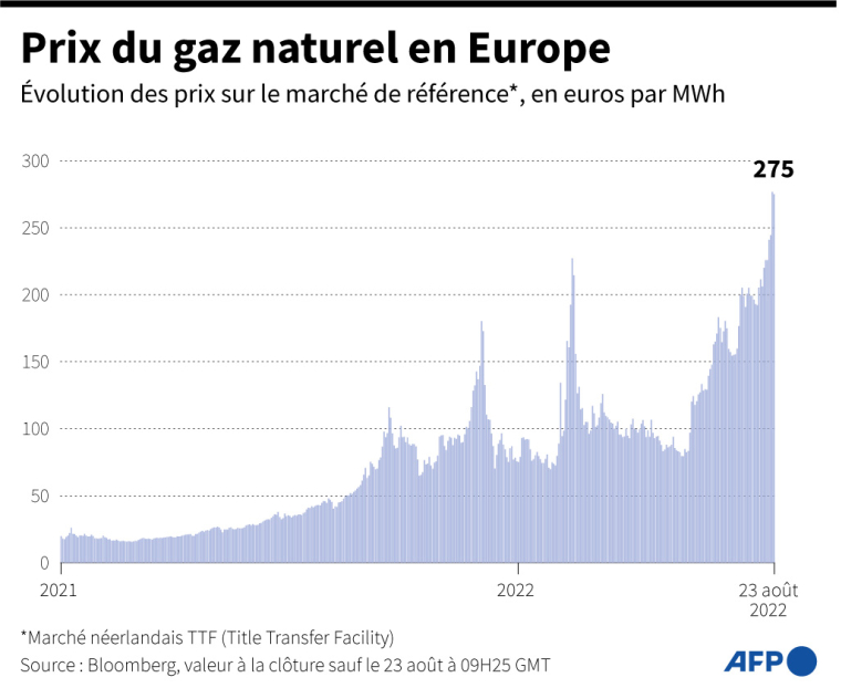 Évolution des prix du gaz naturel en Europe sur le marché néerlandais TTF, en euros par mWh, au 23 août ( AFP / )