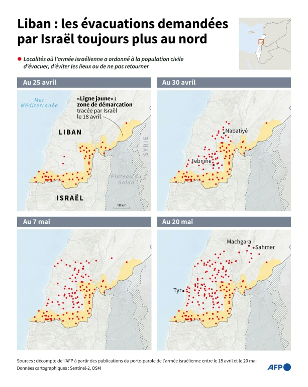 Cartes successives des ordres d'évacuation de l'armée israélienne au sud du Liban entre le 18 avril et le 20 mai, illustrant la multiplication des ordres d'évacuation loin de la ligne de démarcation tracée le 18 avril ( AFP / Sophie RAMIS )