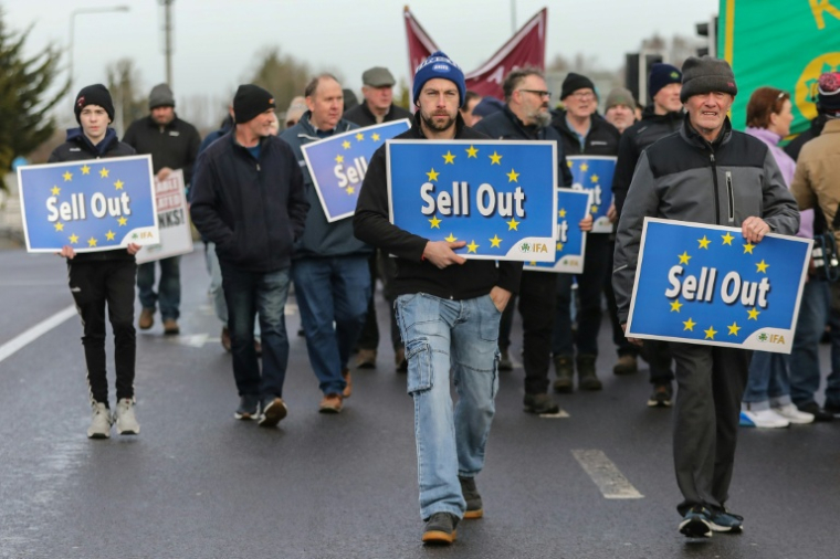 Manifestation contre l'accord de libre-échange entre l'Union européenne et le Mercosur à Athlone, dans le centre de l'Irlande, le 10 janvier 2026  ( AFP / Gareth CHANEY )