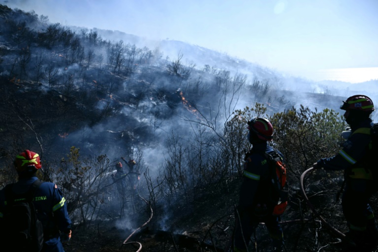Des pompiers luttent contre un feu de forêt, près de Thymari, au sud-est d'Athènes, le 26 juin 2025 en Grèce ( AFP / Aris MESSINIS )