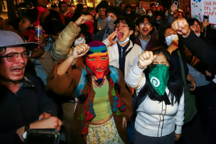 Des manifestants se sont rassemblés devant le Parlement péruvien après la destitution de la présidente, à Lima ( AFP / Jorge CERDAN )