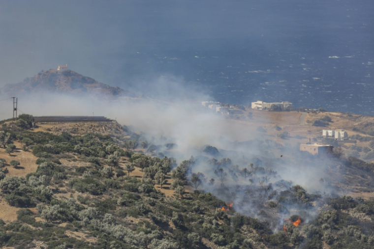 De la fumée s'élève d'un incendie de forêt au sud de Rethymnon, sur l'île grecque de Crète, le 30 juillet 2026 ( AFP / Costas METAXAKIS )