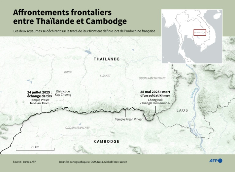 Carte montrant une partie de la frontière entre la Thaïlande et le Cambodge, qui se déchirent sur le tracé défini lors de l’Indochine française, et particulièrement des lieux d'affrontements le 28 mai et le 24 juillet 2025 ( AFP / John SAEKI )