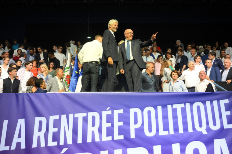 Laurent Wauquiez et Éric Ciotti, le 27 août au Cannet (Alpes-Maritimes). ( AFP / NICOLAS TUCAT )