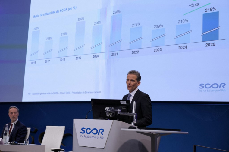 Le PDG de Scor, Thierry Léger, à Paris, le 28 avril 2026. ( AFP / THOMAS SAMSON )