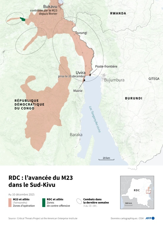 Carte du Sud-Kivu, dans l'est de la République démocratique du Congo montrant la progression du M23, allié du Rwanda, au 10 décembre 2025, selon le CTP ( AFP / Nalini LEPETIT-CHELLA )