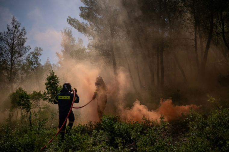 Des pompiers volontaires participent à un exercice de simulation d'incendie, à Rodopoli, dans la banlieue d'Athènes, le 18 mai 2025 en Grèce ( AFP / Angelos TZORTZINIS )
