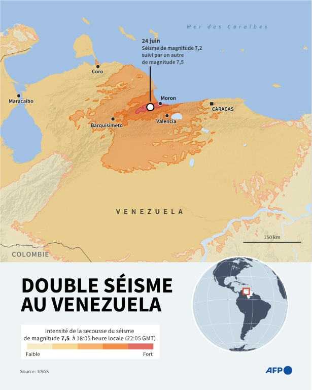 Carte montrant l’intensité des secousses après deux séismes de magnitude 7,2 et 7,5 qui ont frappé la même zone du Venezuela mercredi ( AFP / Nicholas SHEARMAN )