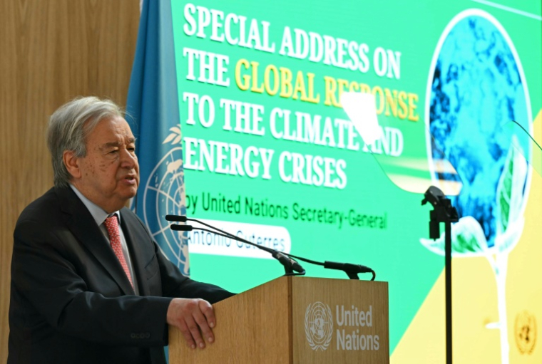 Le secrétaire général de l'ONU, Antonio Guterres, lors d'un discours à la London Climate Action Week à Londres, le 23 juin 2026 ( AFP / JUSTIN TALLIS )