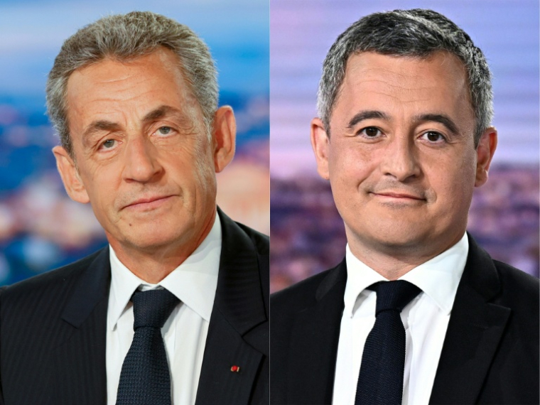Combo d'archives de l'ancien président Nicolas Sarkozy le 3 mars 2021 (g) et du ministre de la Justice Gerald Darmanin le 10 juin 2024 ( AFP / Ludovic MARIN )