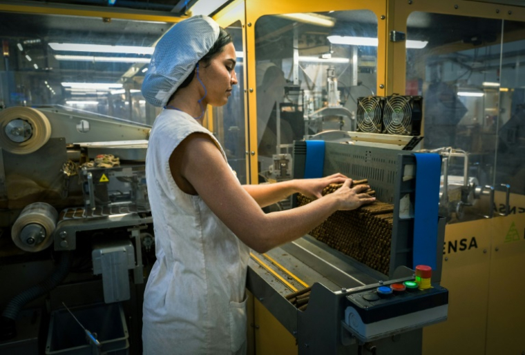 Une ouvrière travaille sur une machine pour confectionner des cigarillos dans l'usine ICT de La havane, le 8 mai 2025 ( AFP / ADALBERTO ROQUE )