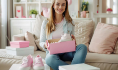 (Crédits photo : Adobe Stock - Jeune femme ravie de recevoir ses nouvelles baskets en soldes commandées en ligne)