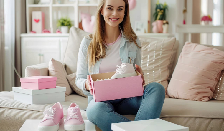 (Crédits photo : Adobe Stock - Jeune femme ravie de recevoir ses nouvelles baskets en soldes commandées en ligne)