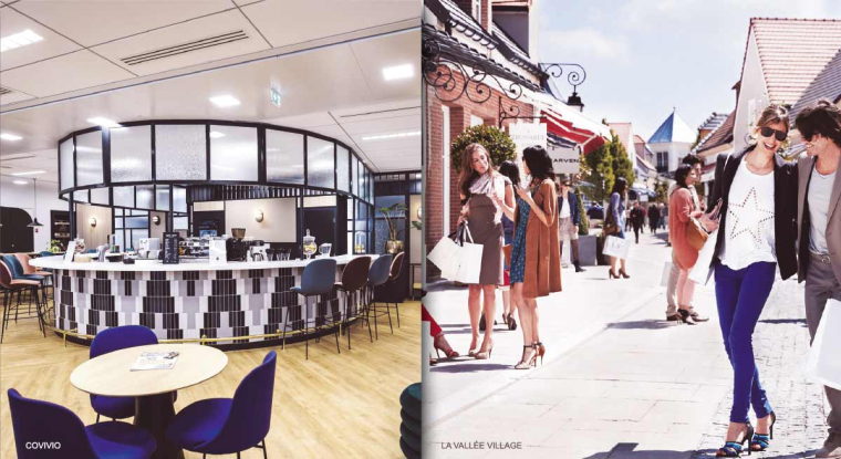 L’immobilier de bureaux crée des espaces conviviaux pour faire revenir les salariés adeptes du télétravail. Les nouveaux centres commerciaux veulent attirer les consommateurs tentés par le commerce en ligne. (© Covivio/La Vallée Village)
