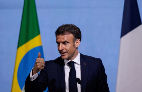 Le président français Emmanuel Macron s'exprime lors du Forum économique Brésil-France à la Fédération des industries de l'État de Sao Paulo (FIESP) à Sao Paulo