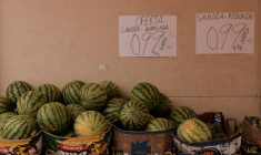 Des pastèques sont présentées dans des caisses à l'extérieur d'un magasin de fruits, à Ronda