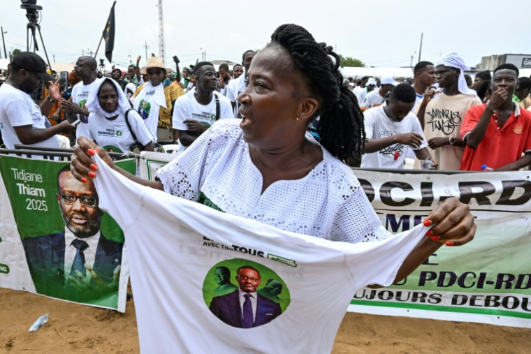 A sUne supportrice du Une Une supportrice du parti d'opposition PDCI en Cote d'Ivoire brandit un t-shirt à l'effigie de l'opposant Tdjinane Thiam lors d'un meeting à Abidjan, le 3 mai 2025. ( AFP / Issouf SANOGO )