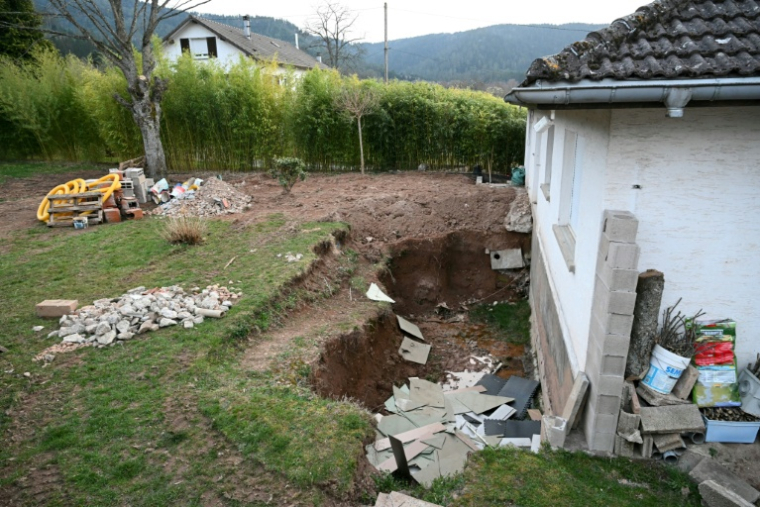 Cette photographie montre le jardin fouillé à la recherches du corps de Liliane Coinchelin à Saint-Michel-sur-Meurthe, le 6 mars 2026 ( AFP / SEBASTIEN BOZON )