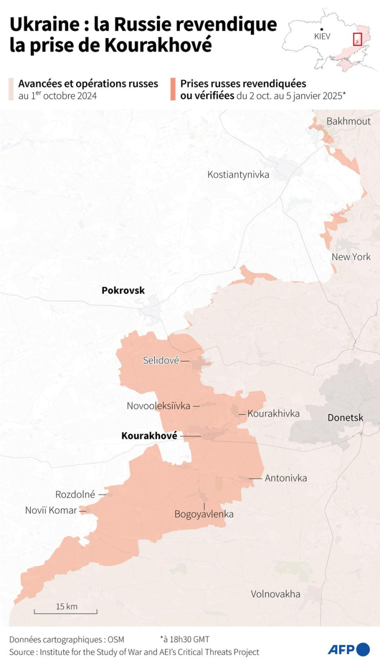 Carte de la situation militaire dans les environs de la ville de Donetsk montrant les zones où les forces russes ont progressé dans la direction de Pokrovsk entre le 2 octobre 2024 et le 5 janvier 2025, revendiquant la prise de Kourakhové ( AFP / Sabrina BLANCHARD )