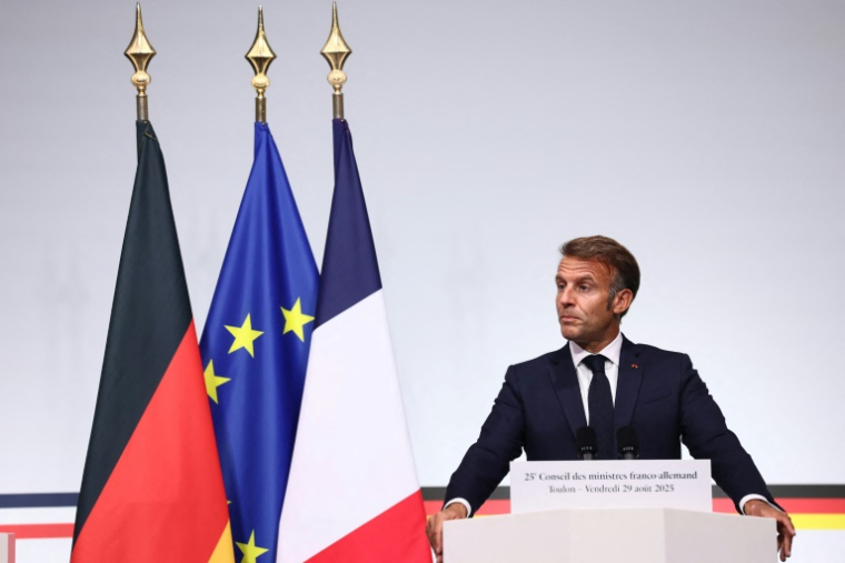 Le président français Emmanuel Macron lors d'une conférence de presse avec le cbancelier allemand Friedrich Merz, le 29 août 2025 à Toulon, dans le Var ( POOL / Manon Cruz )