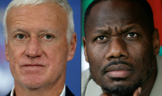Combinaison d'images créée le 14 juin 2026 avec à gauche  l'entraîneur de l'équipe de France de football Didier Deschamps à Villeneuve-d'Ascq, dans le Nord, le 8 juin 2026, et à gauche l'entraîneur de l'équipe de football du Sénégal Pape Thiaw, à Tanger au Maroc le 3 janvier 2026 ( AFP / FRANCK FIFE )
