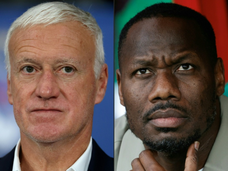 Combinaison d'images créée le 14 juin 2026 avec à gauche  l'entraîneur de l'équipe de France de football Didier Deschamps à Villeneuve-d'Ascq, dans le Nord, le 8 juin 2026, et à gauche l'entraîneur de l'équipe de football du Sénégal Pape Thiaw, à Tanger au Maroc le 3 janvier 2026 ( AFP / FRANCK FIFE )