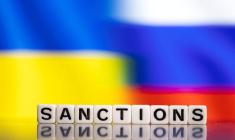 Une illustration aux couleurs des drapeaux de l'Ukraine et de la Russie