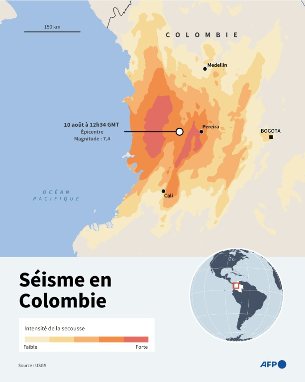 Carte de l'intensité du séisme de magnitude 7,4 qui a frappé la Colombie le 10 août ( AFP / John SAEKI )