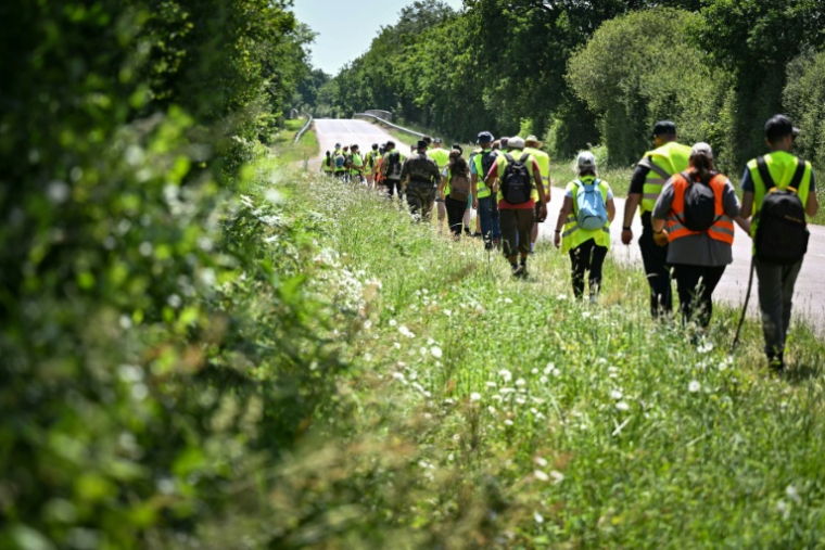 Des volontaires marchent en file indienne le long d'une route à Saint-Étienne-de-Montluc, dans le cadre d'une recherche visant à recueillir des informations concernant Manon Relandeau, disparue depuis le 27 mars ( AFP / Lou BENOIST )