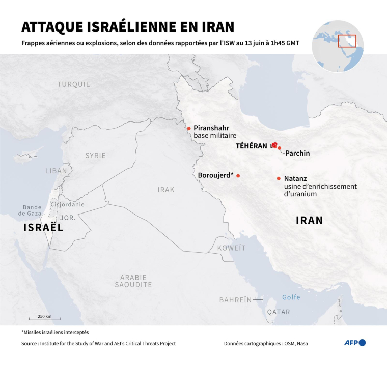 Localisation de frappes et explosions suite à l'attaque menée le 13 juin par Israël en Iran, selon des données non exhaustives rapportées par l'ISW, au 13 juin à 1h45 GMT ( AFP / Valentina BRESCHI )