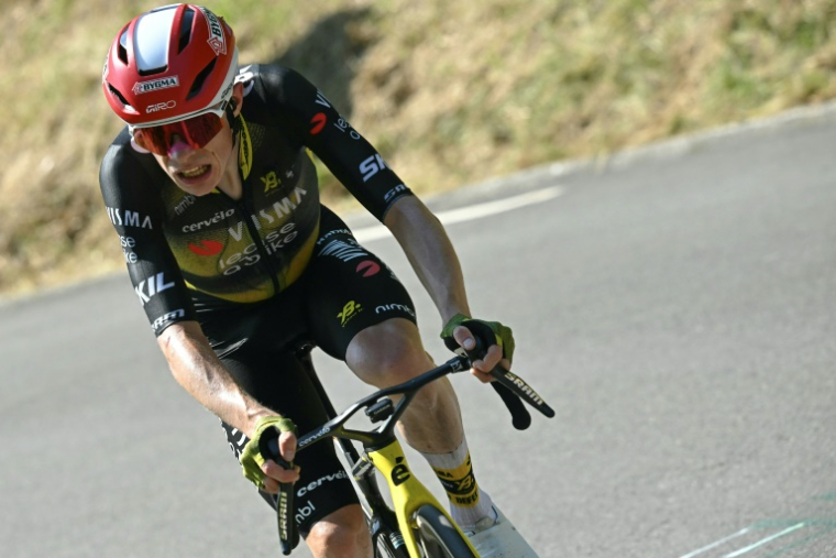Jonas Vingegaard grimaçant dans la montée finale vers Hautacam, lors de la 12e étape du Tour de France, le 17 juillet 2025 ( AFP / Loic VENANCE )