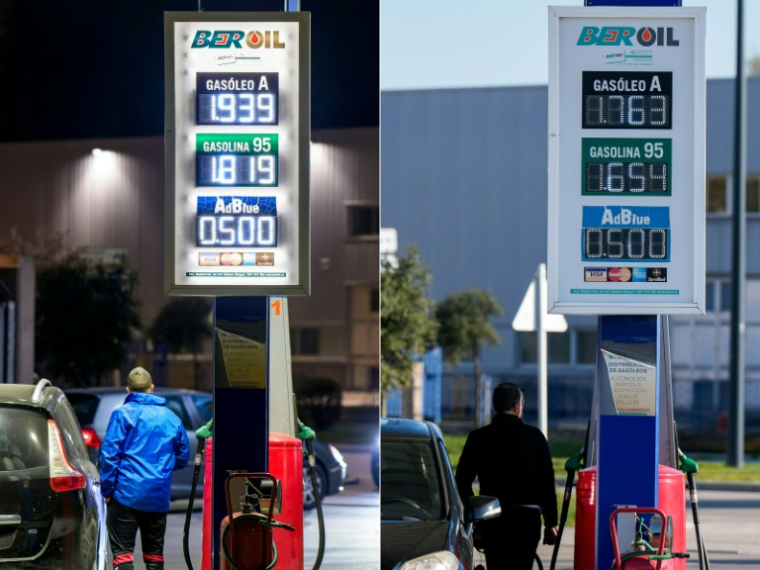Combinaison d'images créée le 22 mars 2026 du prix à la pompe à Burgos, dans le nord de l'Espagne le 20 mars 2026, à gauche, et à droite le prix après les mesures gouvernementales espagnoles le 22 mars 2026 ( AFP / CESAR MANSO )