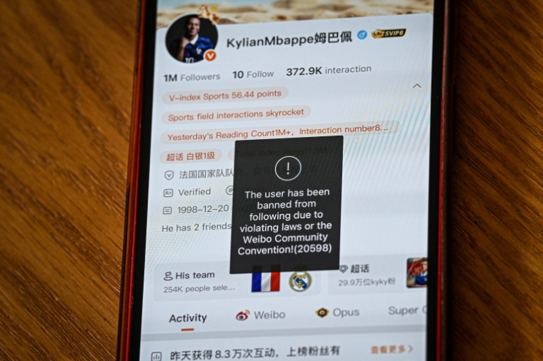 Le compte de la star du football Kylian Mbappé sur le réseau chinois Weibo inaccessible, le 28 octobre 2026  ( AFP / Jade GAO )