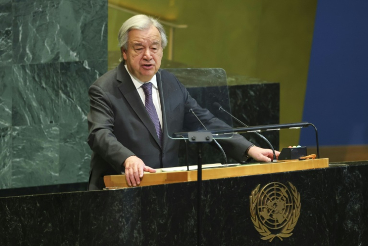 Le secrétaire général de l'ONU, Antonio Guterres, lors de la 11e Conférence d'examen du Traité sur la non-prolifération des armes nucléaires (TNP) au siège des Nations unies à New York, le 27 avril 2026 ( AFP / ANGELA WEISS )