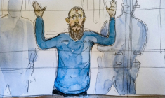 Ce croquis d'audience du 2 juin 2025 montre l'accusé Michael Chiolo lors de son procès et de celui de quatre autres accusés pour l'agression au couteau de deux gardiens de prison à la prison de Condé-sur-Sarthe en 2019, à la cour d'assises spéciale du Palais de Justice de Paris ( AFP / Benoit PEYRUCQ )