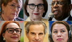 (COMBO) Cette combinaison de photos créée le 22 juillet 2026 montre les six candidats actuels au poste de secrétaire général de l'ONU. De gauche à droite sur les deux lignes: l'ancienne présidente du Chili Michelle Bachelet en 2025, la Costa-ricaine Rebeca Grynspan en 2026, l'ancien président sénégalais Macky Sall en 2025, l'ancienne ministre équatorienne Maria Fernanda Espinosa en 2026, le patron de l'Agence internationale pour l'énergie atomique Rafael Mariano Grossi en 2026, et la diplomate guyanienne Carolyn Rodrigues-Birkett en 2013 ( AFP / Raul BRAVO )