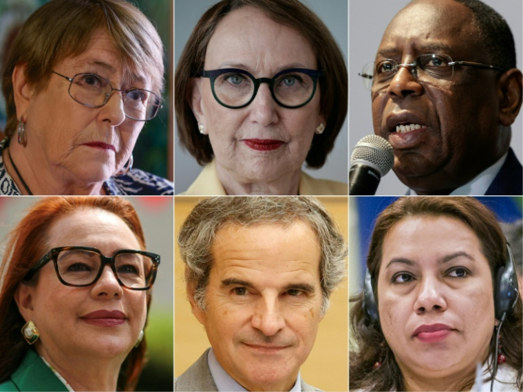 (COMBO) Cette combinaison de photos créée le 22 juillet 2026 montre les six candidats actuels au poste de secrétaire général de l'ONU. De gauche à droite sur les deux lignes: l'ancienne présidente du Chili Michelle Bachelet en 2025, la Costa-ricaine Rebeca Grynspan en 2026, l'ancien président sénégalais Macky Sall en 2025, l'ancienne ministre équatorienne Maria Fernanda Espinosa en 2026, le patron de l'Agence internationale pour l'énergie atomique Rafael Mariano Grossi en 2026, et la diplomate guyanienne Carolyn Rodrigues-Birkett en 2013 ( AFP / Raul BRAVO )
