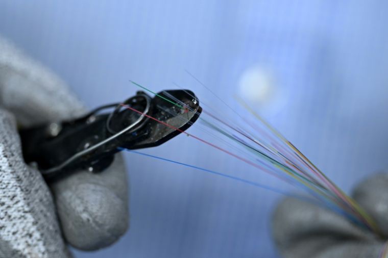 Un employé inspecte des câbles de fibre optique dans l'usine de Sterlite Technologies Limited (STL) à Chhatrapati Sambhaji Nagar, dans l'Etat de Maharashtra, en Inde, le 9 juillet 2026 ( AFP / Indranil MUKHERJEE )