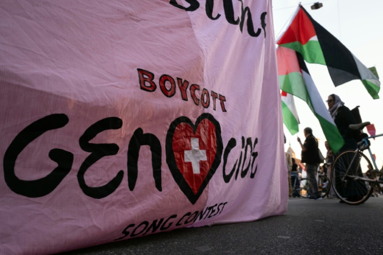 Manifestation silencieuse de soutien aux Palestiniens à Bâle, lors du concours de l'Eurovision, le 14 mai 2025 en Suisse ( AFP / SEBASTIEN BOZON )