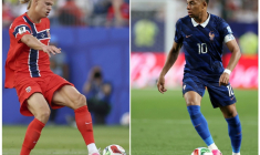 La star de la Norvège Erling Haaland (G) fera face au capitaine des Bleus Kylian Mbappé, lors du Mondial-2026, le 26 juin 2026 à Boston ( GETTY IMAGES NORTH AMERICA / Mattia Ozbot )