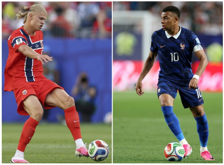 La star de la Norvège Erling Haaland (G) fera face au capitaine des Bleus Kylian Mbappé, lors du Mondial-2026, le 26 juin 2026 à Boston ( GETTY IMAGES NORTH AMERICA / Mattia Ozbot )